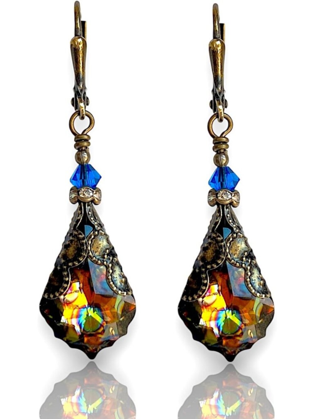 Vintage Victorian Dangle Drop Earrings - Colored Crystal Leverback Jewelry Gift